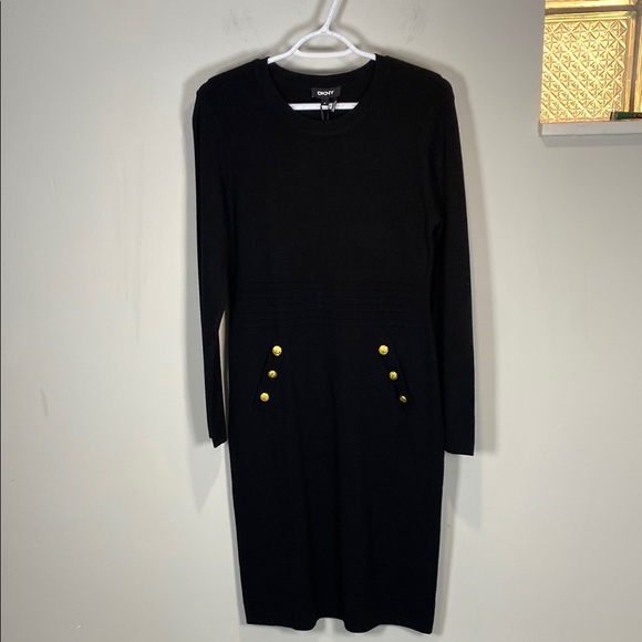 Dkny Black and Gold Long Sleeve Sheath Dress - Picture 1 of 10